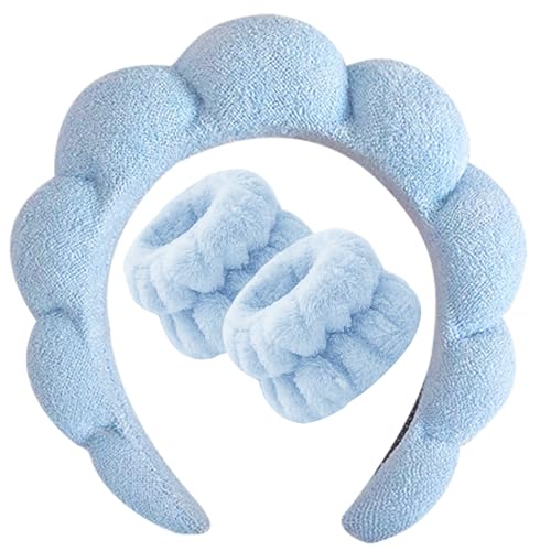 Beleki Spa Headband for Washing Face, Sponge Makeup Skincare Headband & Wristband Set Non Slip Headbands Soft Puffy Headwear Hair Accessories for Women Girls, Blue