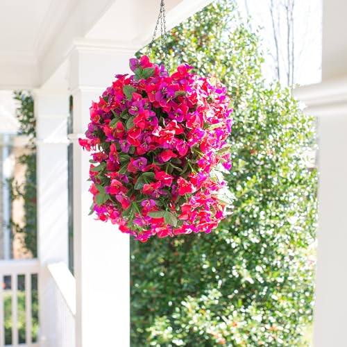Image of Artificial Bougainvillea Faux Flowers Plants Baskets for Outdoor Outside Decoration, 3PCS Fake Silk Flowers Long Trailing Vines UV Resistant Realistic for Front Door Porch Patio (PurpleHotpink)