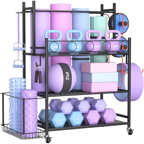 Yeabett Hantelständer, Heavy-Duty Fitness-Equipment-Organizer mit 4 Rädern & 6 Haken, Kurzhantel Regal für Home-Gym - Lagert Kettlebells, Yogamatten, Widerstandsbänder Yeabett Hantelständer, Heavy-Duty Fitness-Equipment-Organizer mit 4 Rädern & 6 Haken, Kurzhantel Regal für Home-Gym - Lagert Kettlebells, Yogamatten, Widerstandsbänder