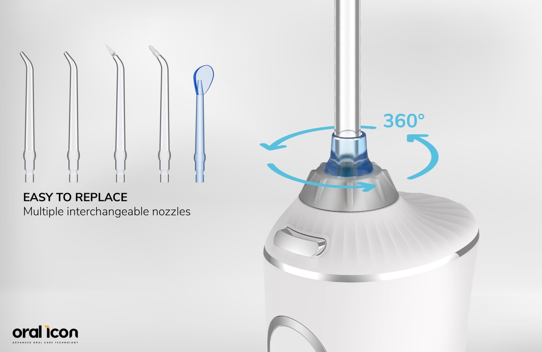 Oral Icon® Irrigador bucal eléctrico con chorro de agua pulsante – Tecnología GumGentle+™ – 5 niveles de presión – Depósito de agua de 300 ml – Inalámbrico – IPX7 resistente al agua – 5 accesorios