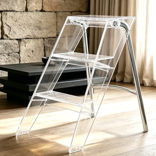 Acrylic 3 Step Ladder Folding Step Stool Anti-Slip Steps Design 350lbs Heavy Duty Load Bearing Stable Support Frame Portable Safety Acrylic Ladder (Transparent)