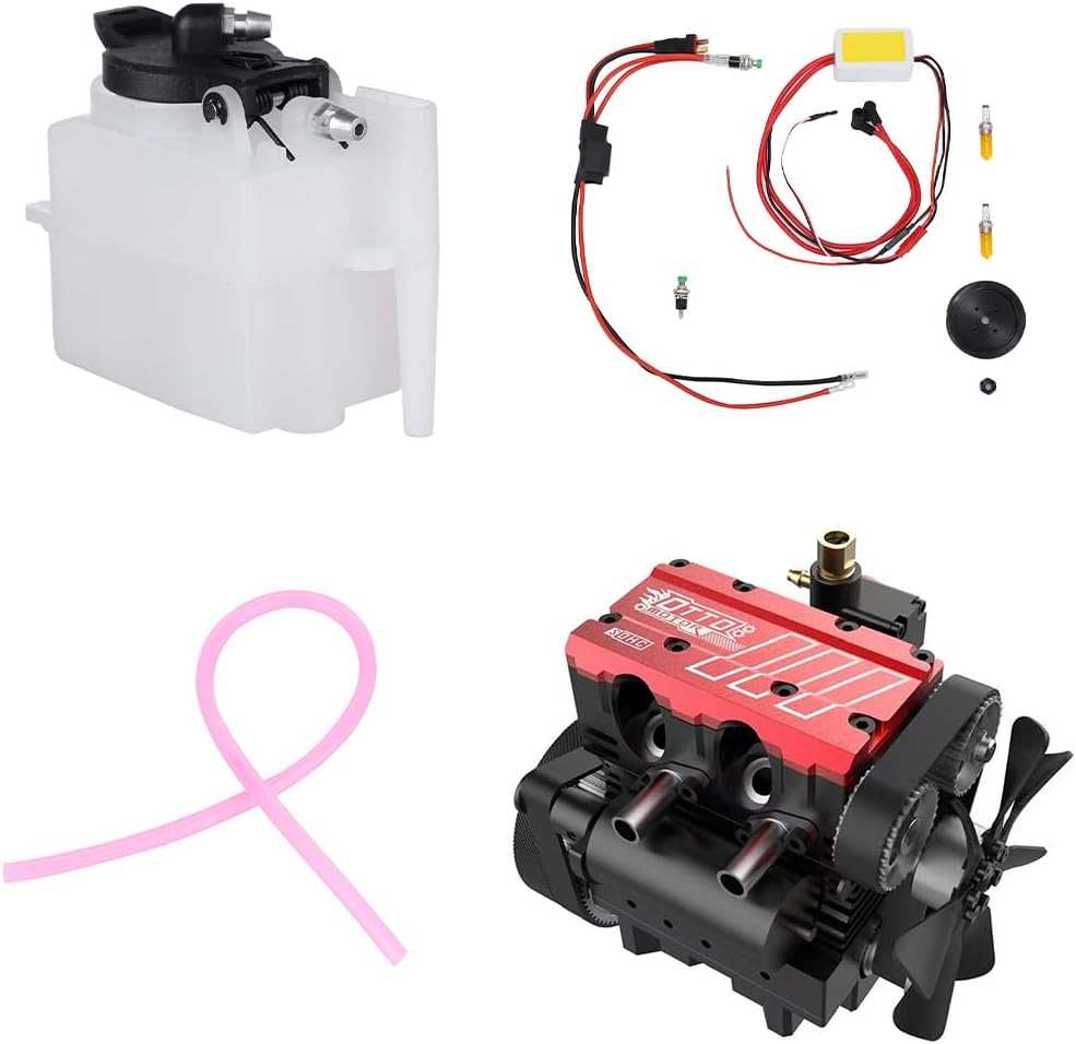 FS-L200AC 7cc Mini Inline Double-cylinder Four-stroke Air-cooled Nitro Interal Combustion Engine Model Kit + 75ML Miniature Plastic Fuel Tank + Oil Pipe + Gasoline Engine Conversion Kit
