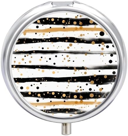 Ink and Gold Dot Stripes1 Pill Case Portable Round Pill Boxes Moisture Proof Pill Organizer with 3 Compartment to Hold Vitamins Medication Fish Oil