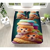 Drap Housse 90x190 Chat Mignon - Microfibre Douce, Poche 30cm, Avec 2 Taies D'oreiller
