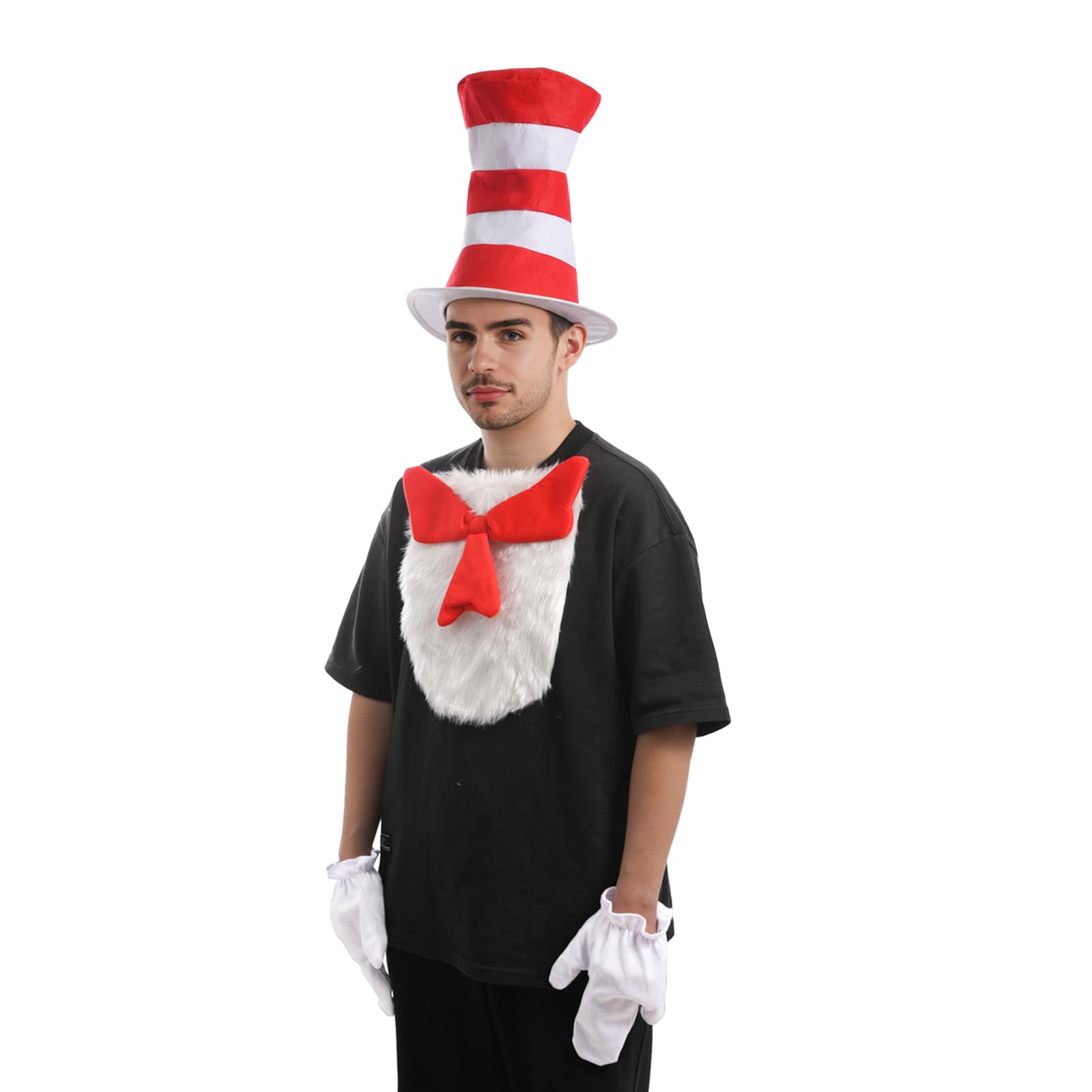 nezababy Cat Hat Costume Adult Red White Striped Top Hats Furry Bowtie Gloves World Book Day Halloween Party Cosplay Accessaries - Image 3