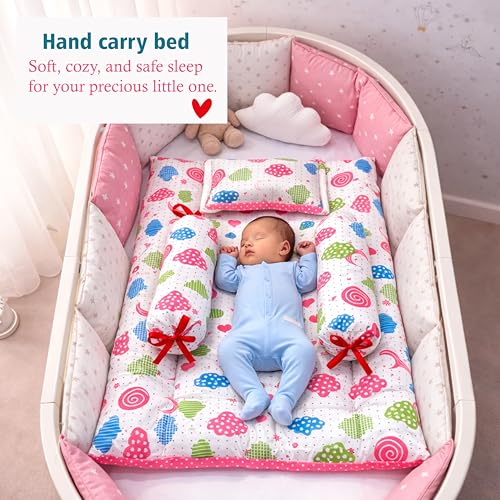 Image of Fareto Combo of Baby Bed with Net | Carry Bag | 4 Pcs Bedding Set (0-6 Months, Baby Size, Cotton) (Peach Sprial)