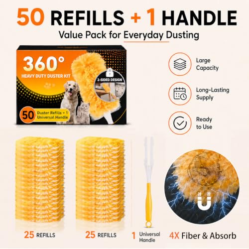 Image of Duster Refill Kit Compatible with Swiffer Duster, 50 Count | Disposable, 360 Heavy Duty Microfiber Refills, Short Handle, Multi-Surface, For Cleaning Furniture Blinds Ceiling Fan