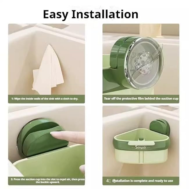 Suction Cup Sink Corner Rack, Plastic Sink Storage Rack Holder, Triangular Sinks Basket Shelf with Suction Cup Sucker, Corner Hanging, for Kitchen Bathroom Dishware(Green)