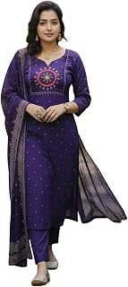 GoSriKi Women’s Rayon Viscose Straight Embroidered Kurta with Pant and Dupatta | Ethnic Kurta Set for Festive, Office Price In India
