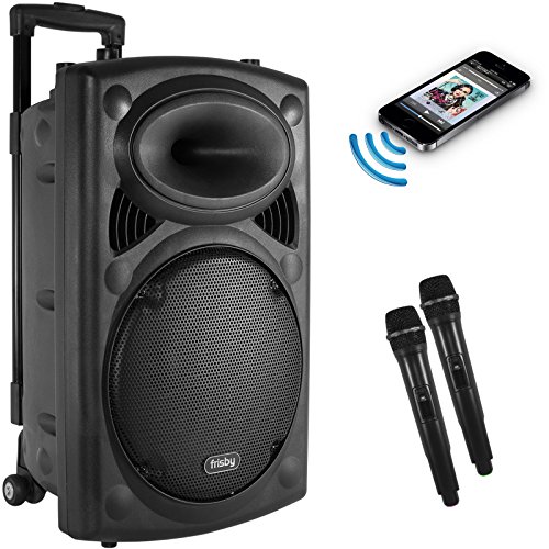 Frisby FS-4050P Portable Rechargeable Bluetooth Karaoke Party Machine PA Speaker System w/ Telescoping Handle & Wheels & 2 Wireless Microphones Echo & AM/FM Radio & USB & SD Slots