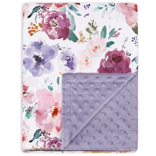 Image of HOMRITAR Baby Blanket for Girls Soft Lightweight Minky Blanket with Double Layer Dotted Backing for Infant Toddler Nursery Crib with Purple Floral Design 30 x 40 Inch