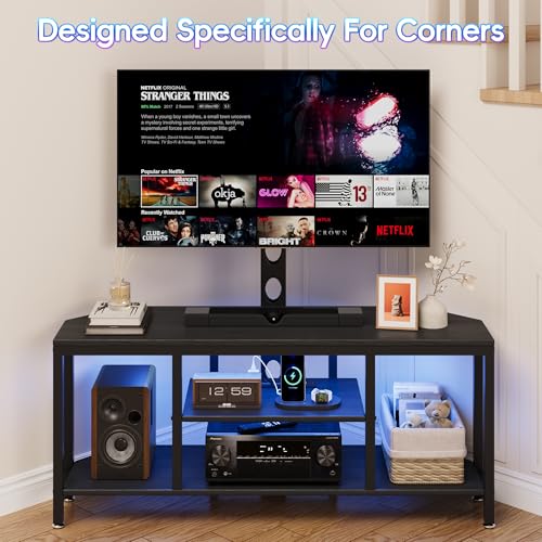 Image of Corner TV Stand Entertainment Center with Mount for Living Room, 32-65 inch TV | TV Console with Led Lights & Power Outlet, Height Adjustable Swivel TV Cabinet with Open Storage Shelf for Bedroom, Black