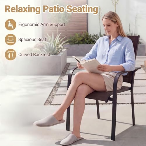 Image of Giantex Patio Chairs Set of 4, Stackable Outdoor Dining Chairs with Breathable & Quick-Dry Mesh Fabric, Armrests, Backrest for All Weather, Lawn, Backyard, Poolside, Porch, 350 LBS Capacity