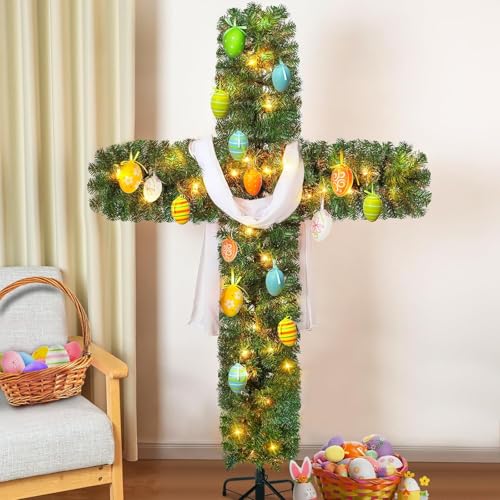 72 Inch Easter Cross Tree with 100 Lights and a White Silk Scarf Christian Easter Decorations Jesus Christ Catholic Cross Decor He is Risen for Outdoor Home Decor