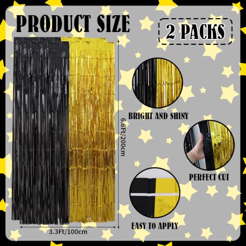 Image of TONIFUL 2Pcs Black and Gold Metallic Tinsel Foil Fringe Curtains Streamers | 3.3ftx6.6ft Photo Booth Backdrop Tinsel Streamer Curtain, Props for Bachelorette Birthday New Year Graduation Christmas Decor