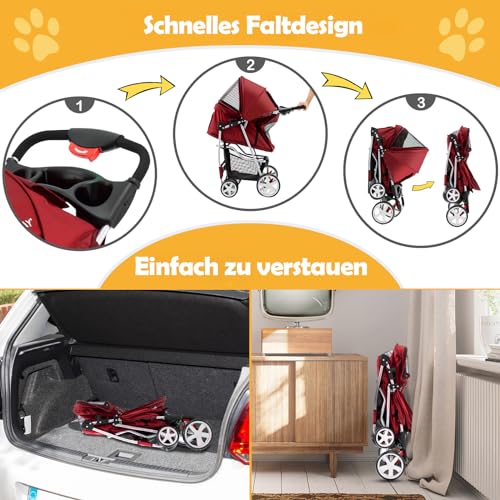 COSTWAY Hundewagen Haustiere Buggy, bis 15 kg, Hundebuggy mit Netzfenstern & Getränkehalter & Korb & Sonnenschutz, Faltbarer Katzenwagen, Katzenbuggy für kleine Hunde Katzen (Rot)