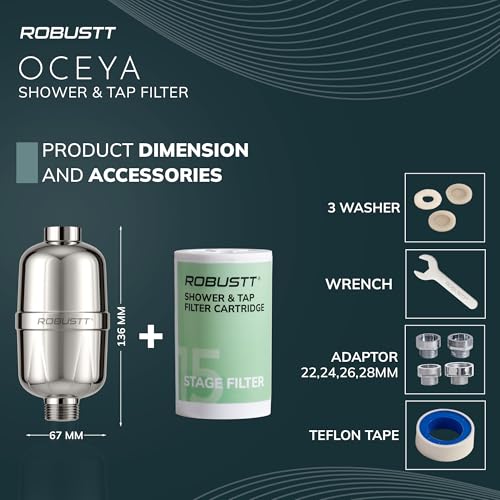 Image of Robustt Oceya 15 Stage Hard Water Softener For Tap & Shower (Silver) | Reduces Hair Fall, Skin Dryness & Limescale | Water Purifier Filter For Tap, Shower & Handshower| Includes Kit & Manual