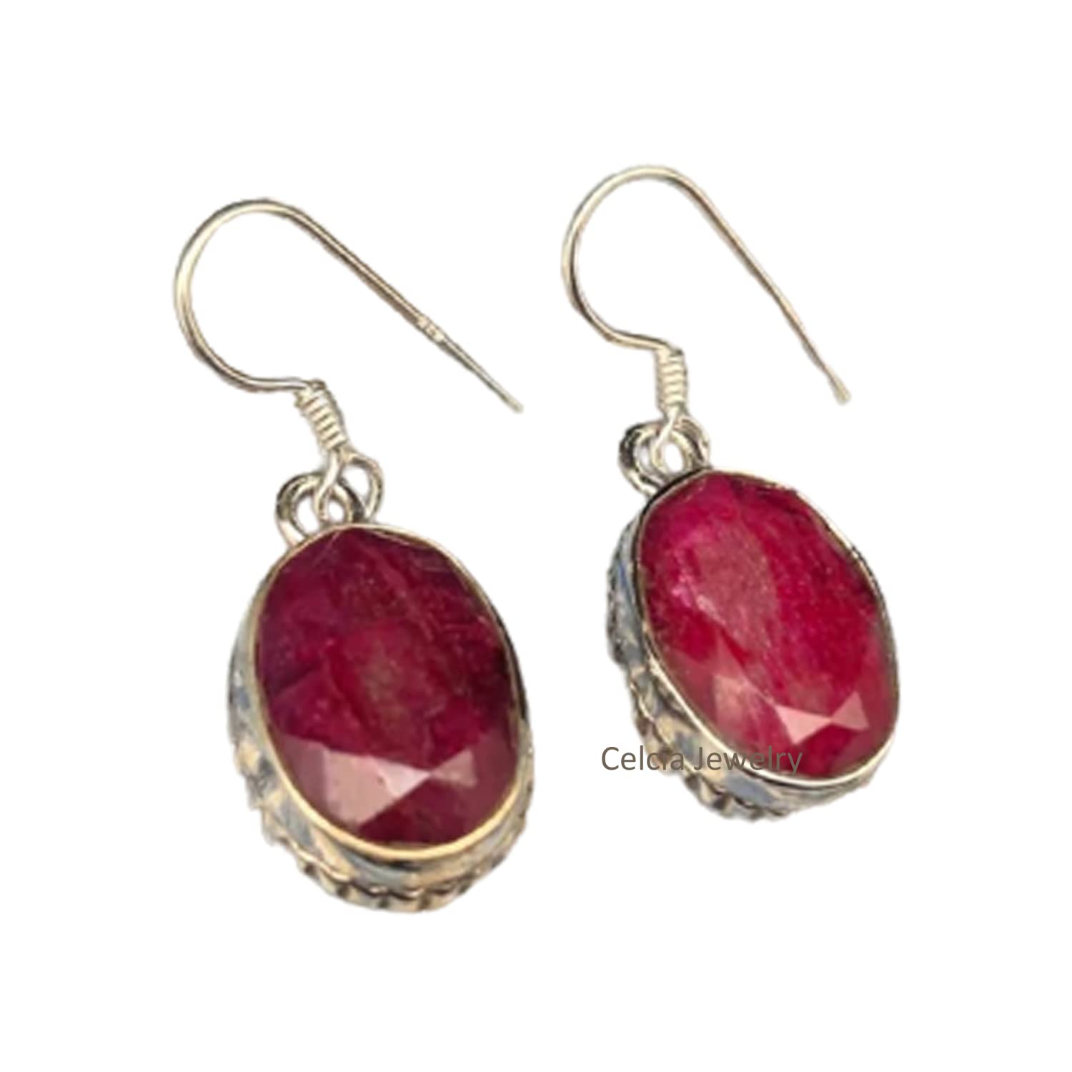 Pendientes colgantes de lágrima de plata de ley 925 maciza para mujer, piedra preciosa ovalada de rubí natural hermosa hecha a mano regalo de piedra natal de julio