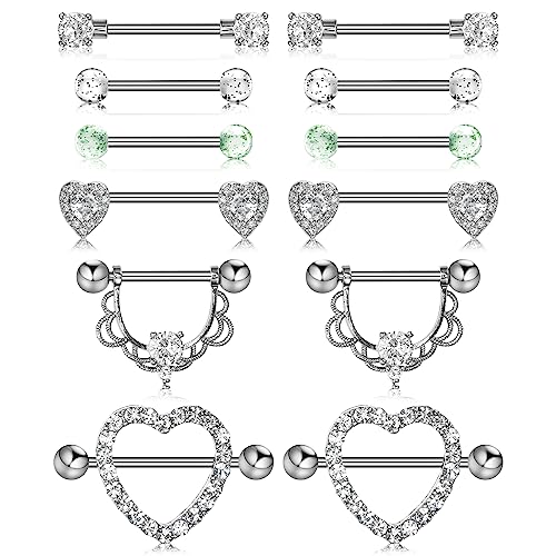 Bewudy 6 Paare Nippel-Piercing, Nippel-Ringe Body-Piercing-Schmuck für Frauen Piercing Nippel Barbells Damen Piercing-Schmuck (Silber)