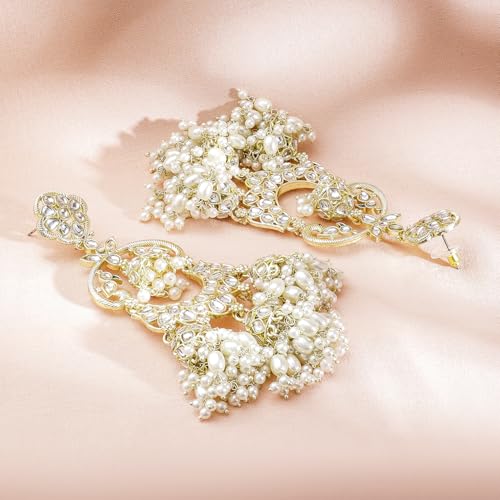 Image of Rubans Long Dangler Earrings Kundan & Pearl Ethnic Jewellery Gift for Women & Girls