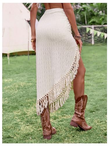 SHENHE Women's Twist Front High Slit Fringe Skirt Asymmetrical Tassel Boho Midi Skirt2