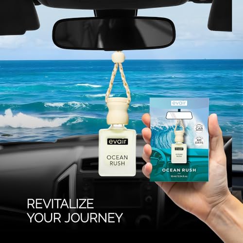 Image of Evair Ocean Rush Car Air Freshener | Hanging Car Perfume with Essential Oils | Long-Lasting Aroma in Glass Bottle with Wooden Diffuser Lid | 10ml Hanging Car Scent (Pack of 1)