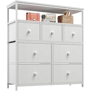 EnHomee White Dresser for Bedroom with 7 Drawers and 2 Shelves, White TV Stand Dresser with Wooden Top and Metal Frame, Tall Dressers & Chest of Drawers for Bedroom, Closets, White