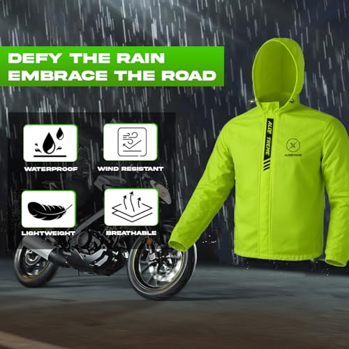 Image of Allextreme Waterproof Riding Jacket Rain Cover with Hood | Lightweight & Adjustable Raincoat Top for Bike Riders, Men & Women | Durable Windproof Motorcycle Rainwear for Riders (L, Neon Green)