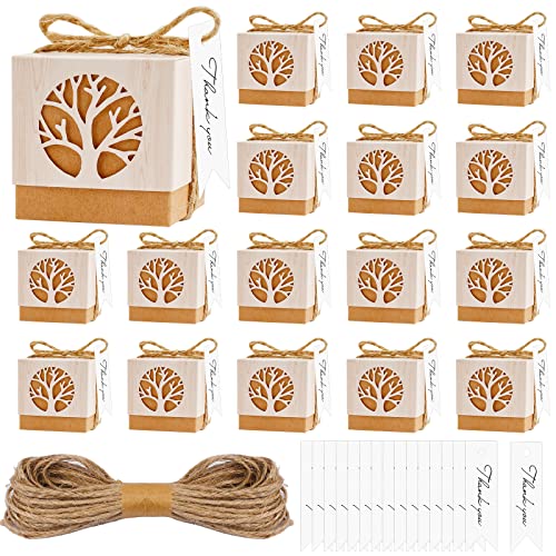 50 Stück Kraftpapier Geschenkschachtel,5×5×5cm Kraftpapier Gast Gastgeschenk Box mit Lebensbaum,Klein Geschenkschachtel mit Juteseilen und Anhängern für Hochzeit, Geburtstagsfeier