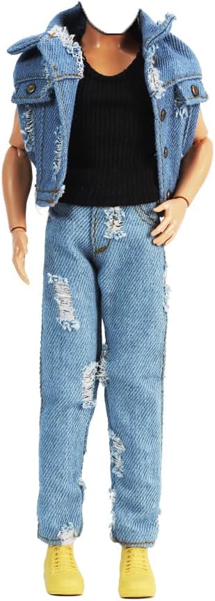 E-TING 3-item Denim Set =Ripped Denim Vest Jacket Set Casual Clothes for 12inches Boy Doll(Not Including Dolls Shoes and Guitar)