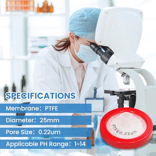 Image of PTFE Membrane Syringe Filter 25mm Diameter 0.22um Pore Size Syringe Lab Filter for Laboratory School Science, Pack of 10 (Model AMPT02225)