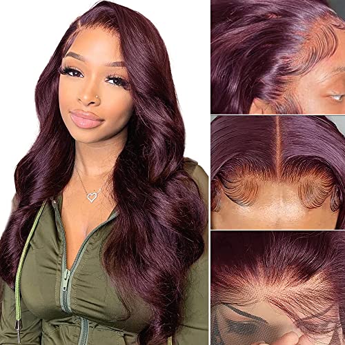 CZFY 13x4 Deep Purple Body Wave Lace Front Wigs Human Hair 150% Density Dark Burgundy Wigs for Black Women HD Transparent Lace Front Wigs Human Hair Pre Plucked with Baby Hair(20inch with five gifts)
