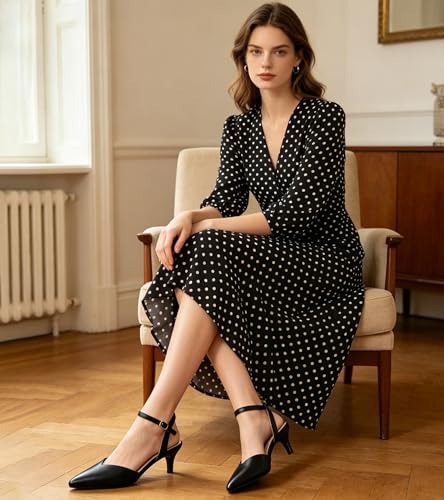 Image of JOY IN LOVE Women's Pointed Toe Kitten Heel Pumps, Ankle Strap Low Heel Work Dress Shoes