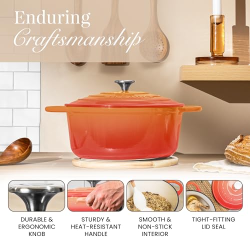 Image of Nuovva Enamelled Cast Iron Dutch Oven Pot with Lid-6.4 Quart Non Stick Casserole Pot-Heavy Duty & Oven Safe up to 500 F for Bread Baking, Braising, Stews, Roasting - 28cm Orange