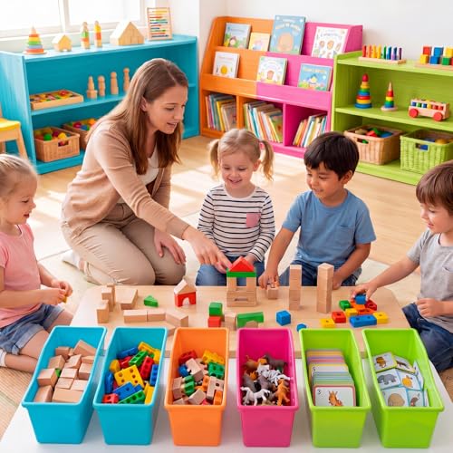 Image of Geetery Plastic Book Bins for Classroom, 12 Pcs, Vibrant Color