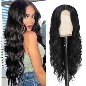Long Wavy Black Wig for Women 26 inch Curly Natural Black Middle Part Wig Premium Protein Fiber Natural Looking Hair Replacement Wig for Daily Party Use Cosplay Costume Halloween Wig (26” Black)