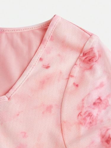 Verdusa Girl's Floral Print Square Neck Lettuce Trim Long Bell Sleeve Ruched Tee Top3