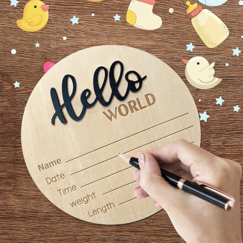 Image of Baby Announcement Sign, ​5.9 Inch Wooden Hello World Newborn Signs, Birth Announcement Sign, Baby Shower Hospital Nursery for Newborn Boys and Girls (Black)