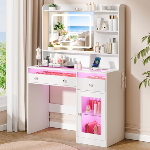 Image of Korfile 35'' Makeup Vanity Desk with Mirror and Lights, Power Outlet White | Transparent Top, 2 RGB Drawers, 3 Shelves & 1 Tempered Cabinet, 3-Color LED Lights, Power Outlet, Vanity with Glass Top