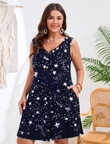 Image of JollieLovin Women Plus Size Summer Sundress Tank Sleeveless V Neck Beach Swing Dress Swimsuit Cover ups(L-5X)