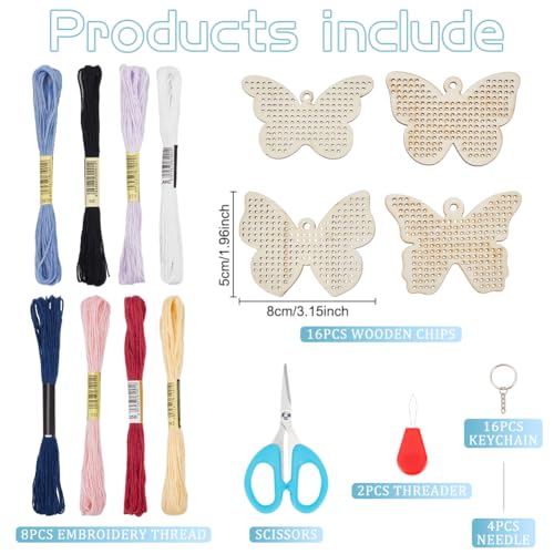 Image of FREEBLOSS 16 Set Wooden Cross Stitch Kits DIY Keychain Wooden Embroidery Set Butterfly Wooden Threading Kit with Instruction Sewing Kits for Ages 8-12 DIY Project Art Craft for Holiday Gift