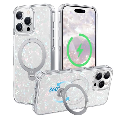 CASEKOO Genuine Pearl Shell for iPhone 16 Pro Case with 360 Spin Magnetic Stand, Compatible with Magsafe, 16FT Drop Protection, Translucent Slim Phone Cover, Gorgeous & Stylish(2024), White