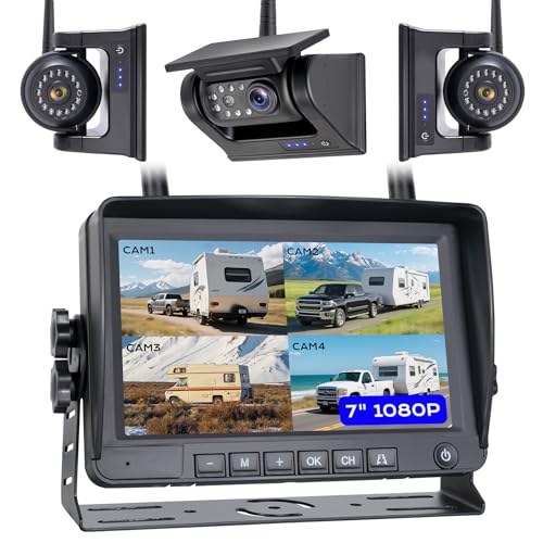 Image of 7 inch 3-Magnetic Wireless RV Backup Camera, HD1080P DVR Monitor, IP69 Waterproof & IR Night Vision 3x9600mAh Rechargeable Cameras, 2 Side Cameras & 1 Rear Camera for Trailer Truck Camper