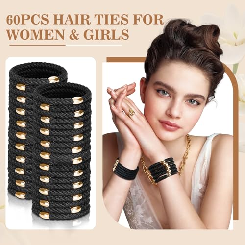 Image of FORENEE Hair Ties No Damage - 60PCS Ponytail Holders - Elastic Hair Ties for Thick Hair - Braided Hair Bands for Women Girls's Hair - Black