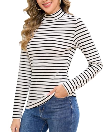 Jiuday Thermoshirt Damen Langarm Basic Langarmshirt Stehkragen Thermo Oberteil Winter Funktionsshirt Fleece Pullover Elegant Slim Fit Innenfleece Thermohemd (Stehkragen-Weiß und Schwarz Gestreift,S)