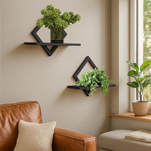 Schweberegale für die Wand,dekoratives Wandregal,hängendes Regal für Pflanzen,Aufbewahrung und Präsentation,Innenraumdekoration für Wohnzimmer,Zuhause,Büro,Massivholz,Diamantform,2er-Set,schwarz