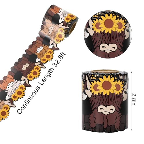 Image of Whaline 32.8 Ft Highland Cow Bulletin Board Border Sunflower Cow Die-Cut Border Trim for Summer Back to School Chalkboard Wall Decoration