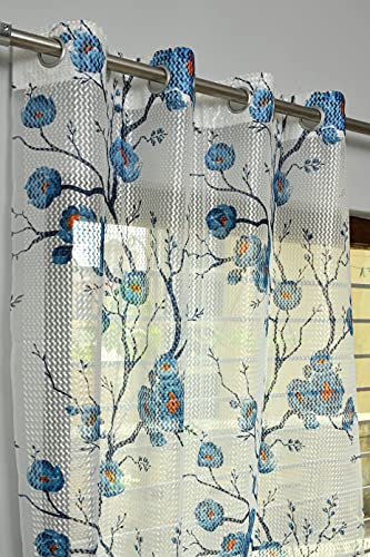 Image of Premium Polyester Floral Sheer Printed Net Combination Transparent Beautiful Curtains Set of 3 Piece for Long Door Blue 9 Feet