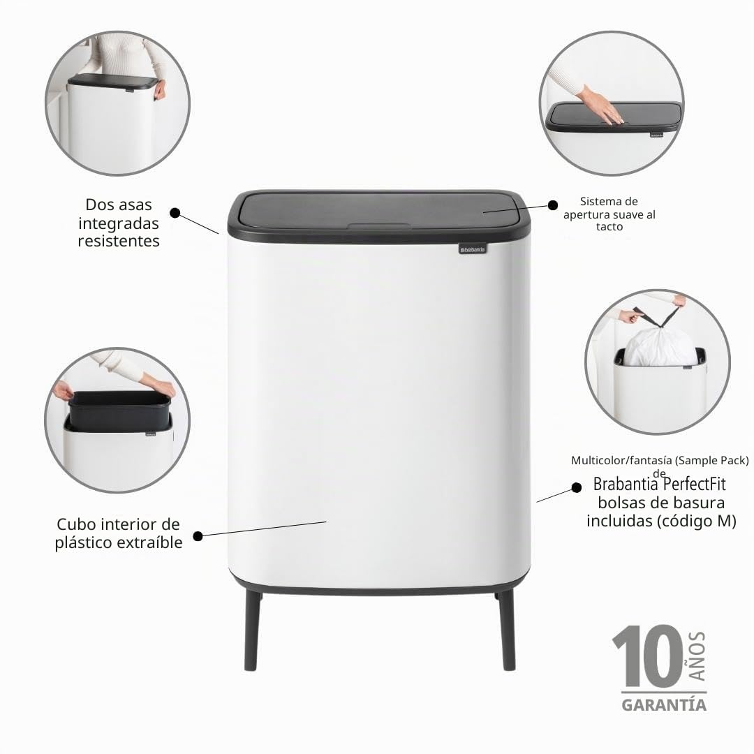 Brabantia Hi Bo Touch mecanismo de apertura con un toque - Cubo de basura con patas 60L, color blanco