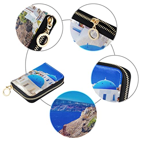Oia town on Santorini Island Greece Famous houses and ChurchesGrey Credit Card Coin wallet, RFID Blocking Compact Women Leather Card Holder, Key Change Organizer, Zipper Purse Clutch Pouch3